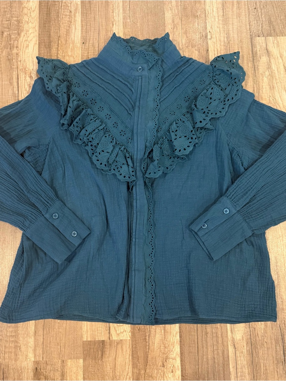 Teal Ruffled Eyelet Blouse - Hyacinth House